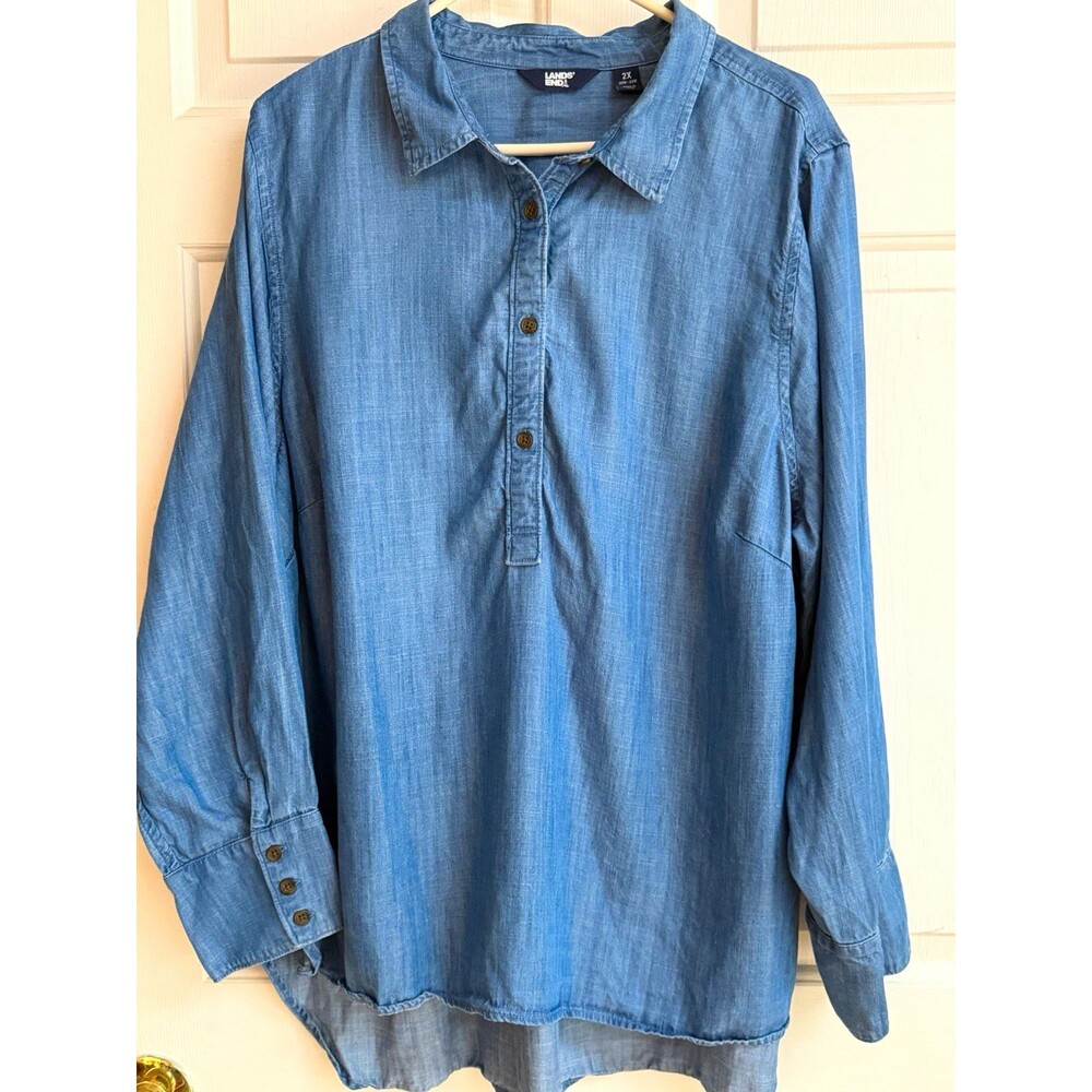 Lands' End Women’s Plus 2X Blue Lyocell Chambray Collared Button Blouse